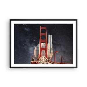 Poster in cornice nera - Il Golden Gate Bridge con la città sullo sfondo contro un cielo stellato - 70x50cm - Sempre al centro - Decorazione murale moderna per soggiorno e camera da letto ARTTOR