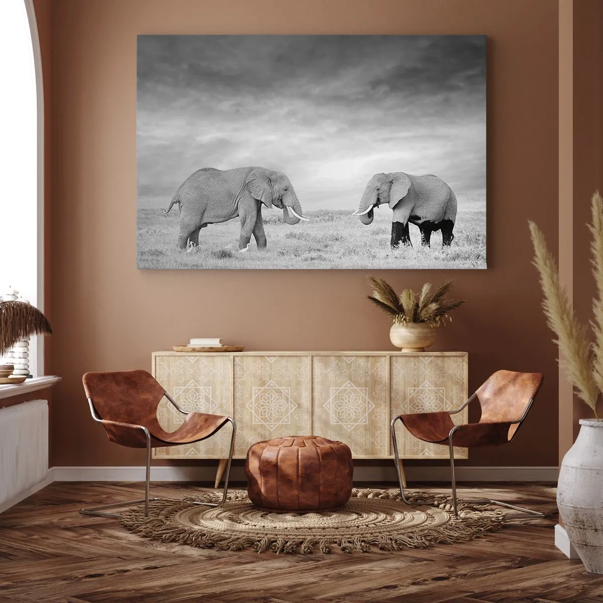 Quadro su tela - Stampe su Tela - Due elefanti sullo sfondo della savana africana - 100x70cm - Grigio è bello - Decorazione murale moderna per soggiorno e camera da letto ARTTOR