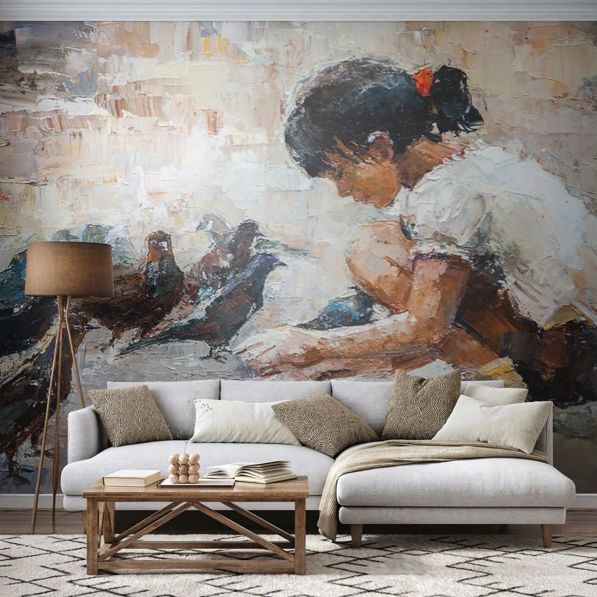 Fotomurali Premium Sand - Una foto di una ragazza che dà da mangiare agli uccelli - 100x70cm - Piccoli e gentili - Decorazione murale moderna per soggiorno e camera da letto ARTTOR