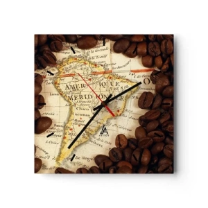 Orologio da parete - Orologio in Vetro - Una mappa del Sud America circondata da chicchi di caffè. - 30x30cm - Da dove viene il miglior caffè? - Decorazione murale moderna per soggiorno e camera da letto ARTTOR