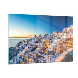 Quadro su vetro - Panorama di Santorini al tramonto - 120x80cm - Essenza della grecità - Decorazione murale moderna per soggiorno e camera da letto ARTTOR