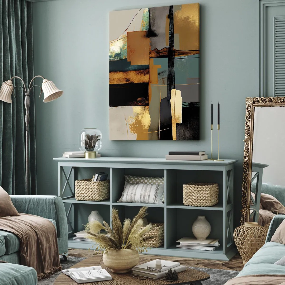 Quadro su tela - Stampe su Tela - Composizione astratta con elementi in oro e turchese - 50x70cm - Astrazione: luci e ombre - Decorazione murale moderna per soggiorno e camera da letto ARTTOR