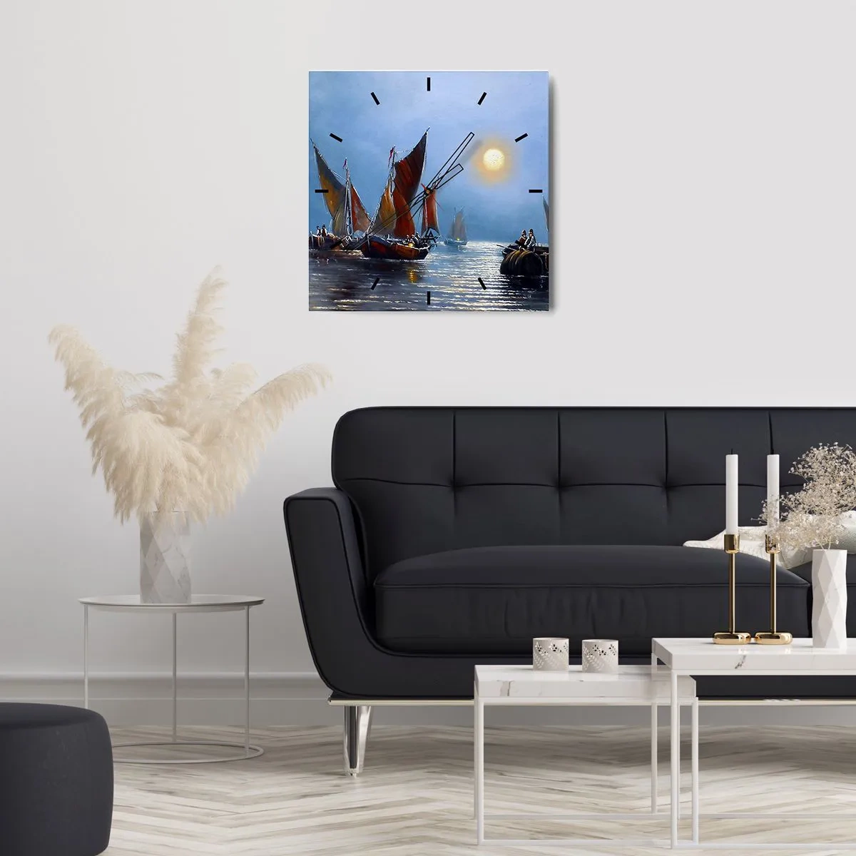 Orologio da parete - Orologio in Vetro - Barche con le vele su acque calme al tramonto - 30x30cm - Pesca notturna - Decorazione murale moderna per soggiorno e camera da letto ARTTOR