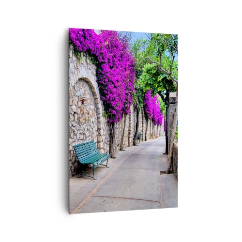 Quadro su tela - Stampe su Tela - Un sentiero in pietra con una panchina e fiori viola in fiore - 80x120cm - Incontriamoci al più presto - Decorazione murale moderna per soggiorno e camera da letto ARTTOR