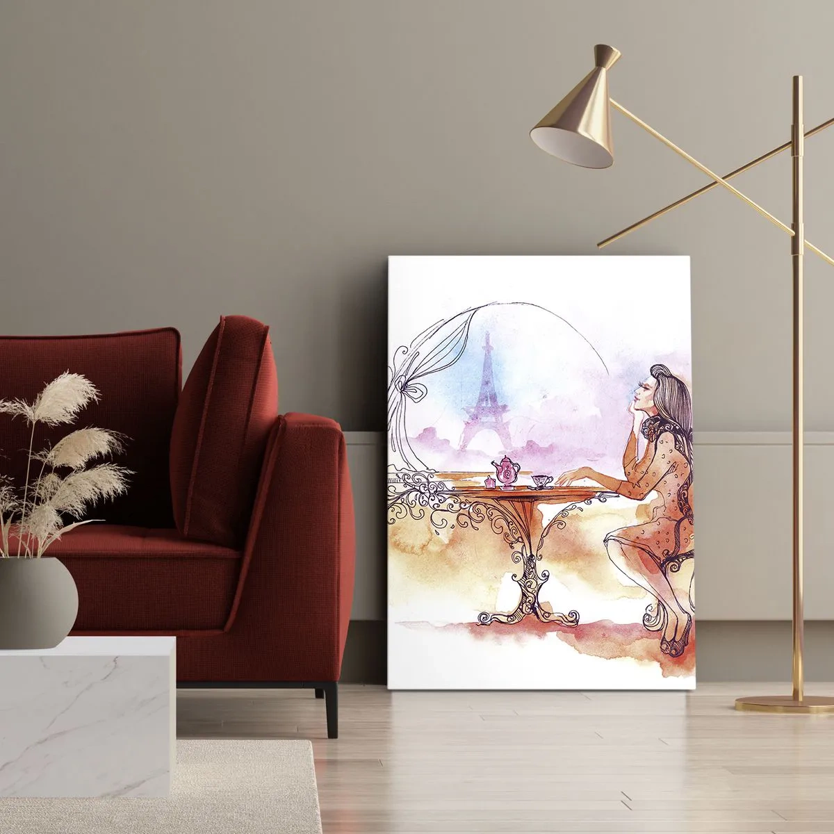 Quadro su tela - Stampe su Tela - Acquerello romantico di una donna in un caffè con vista su una torre - 50x70cm - Chic parigino - Decorazione murale moderna per soggiorno e camera da letto ARTTOR
