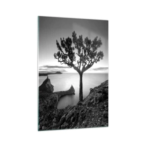 Quadro su vetro - Paesaggio in bianco e nero con un albero solitario su una scogliera a picco sul mare - 70x100cm - Pace fino all'orizzonte - Decorazione murale moderna per soggiorno e camera da letto ARTTOR