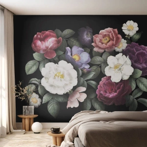 Fotomurali Premium Sand - Una composizione di fiori colorati su uno sfondo nero - 100x70cm - Dal giardino inglese - Decorazione murale moderna per soggiorno e camera da letto ARTTOR