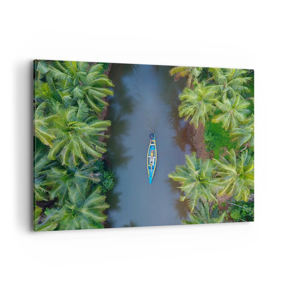 Quadro su tela - Stampe su Tela - Vista a volo d'uccello di una barca su un fiume circondata da palme - 100x70cm - Sul percorso tropicale - Decorazione murale moderna per soggiorno e camera da letto ARTTOR