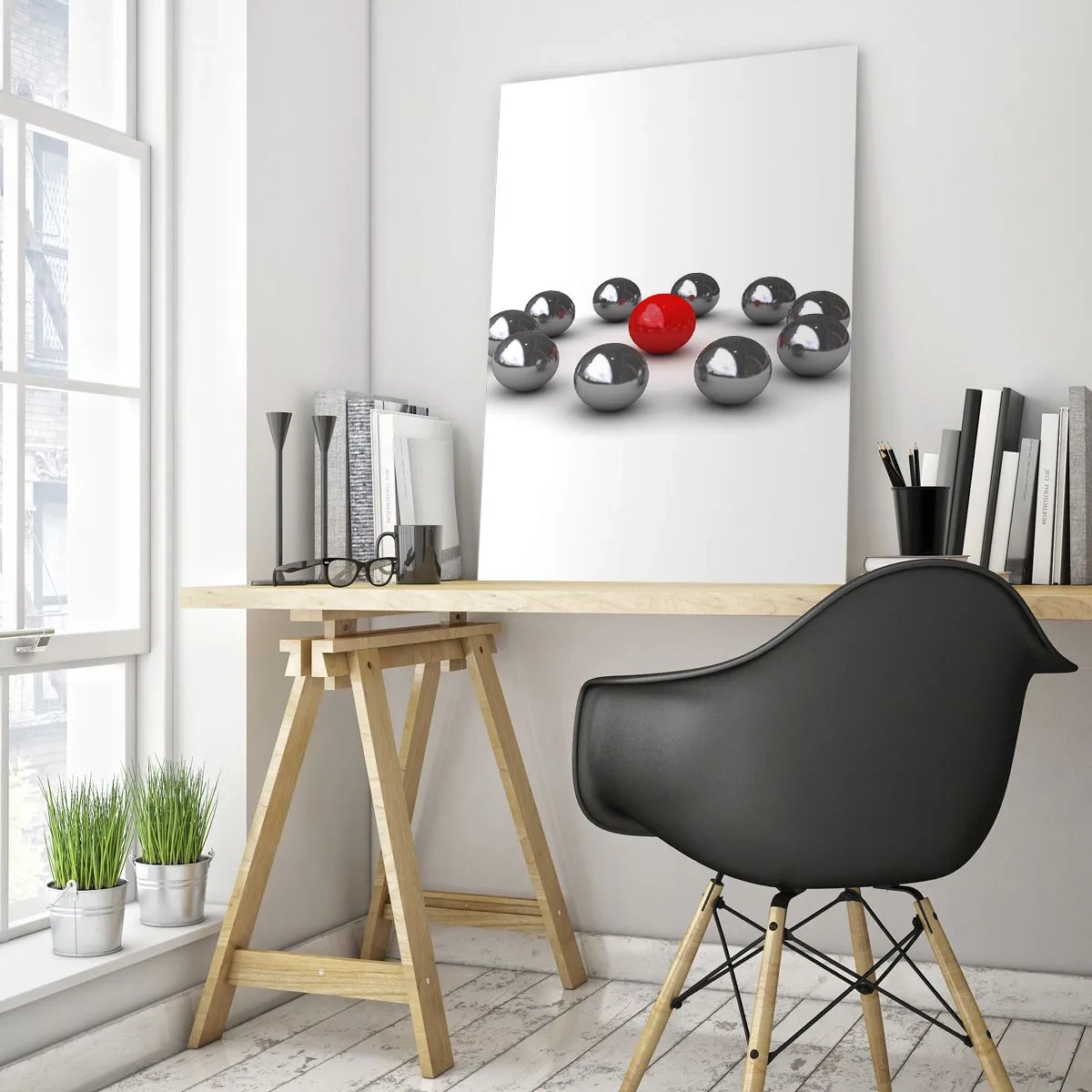 Quadro su vetro - Una palla rossa circondata da palline argentate su uno sfondo bianco - 70x100cm - Cerchio in argento e rosso - Decorazione murale moderna per soggiorno e camera da letto ARTTOR