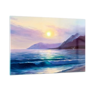 Quadro su vetro - Un pittoresco tramonto sul mare calmo e sulle montagne - 120x80cm - Cristallo di acqua e di aria - Decorazione murale moderna per soggiorno e camera da letto ARTTOR
