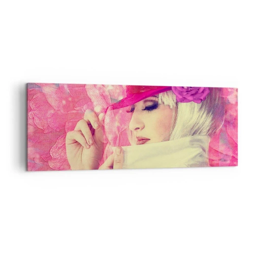 Quadro su tela - Stampe su Tela - Donna elegante con un cappello rosa con un fiore - 140x50cm - Ritratto retro nei vapori di rosa - Decorazione murale moderna per soggiorno e camera da letto ARTTOR