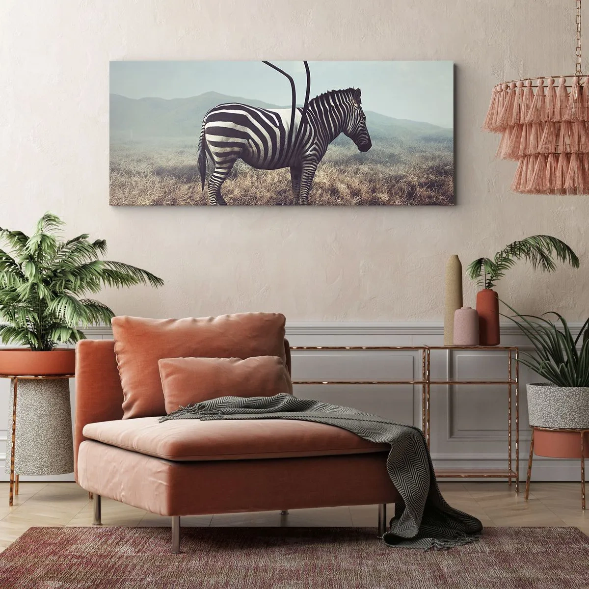 Quadro su tela - Stampe su Tela - Una zebra surreale contro un paesaggio erboso - 140x50cm - Attenzione! Difetto - Decorazione murale moderna per soggiorno e camera da letto ARTTOR