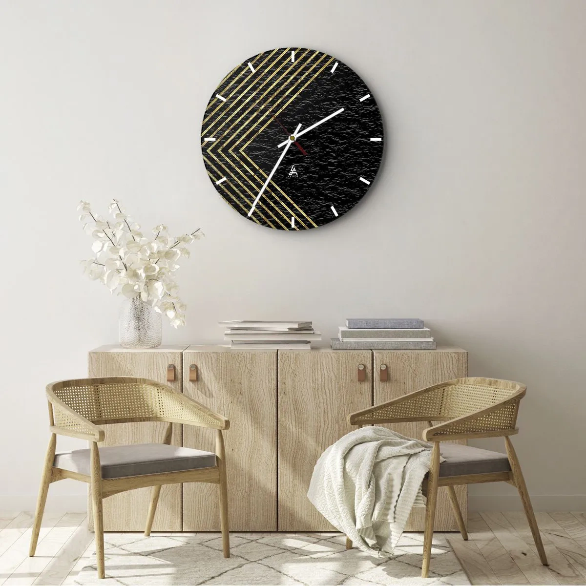 Orologio da parete - Orologio in Vetro - Linee dorate che formano un rombo su uno sfondo nero - 30x30cm - Geometria in stile glamour - Decorazione murale moderna per soggiorno, cucina e camera da letto ARTTOR