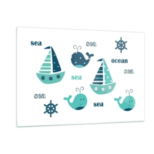 Quadro su vetro - Tema nautico con barche a vela e balene - 120x80cm - Attraverso i mari e gli oceani - Decorazione murale moderna per soggiorno e camera da letto ARTTOR