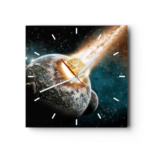 Orologio da parete - Orologio in Vetro - Collisione cosmica di un pianeta con un asteroide nelle vicinanze della galassia. - 30x30cm - Estinzione o nascita? - Decorazione murale moderna per soggiorno e camera da letto ARTTOR