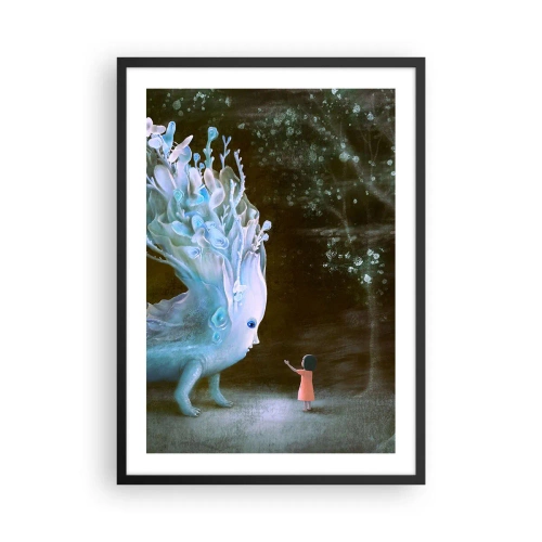 Poster in cornice nera - Una ragazza nella foresta incontra una creatura magica in un ambiente luminoso. - 50x70cm - Incontro fantastico - Decorazione murale moderna per soggiorno e camera da letto ARTTOR
