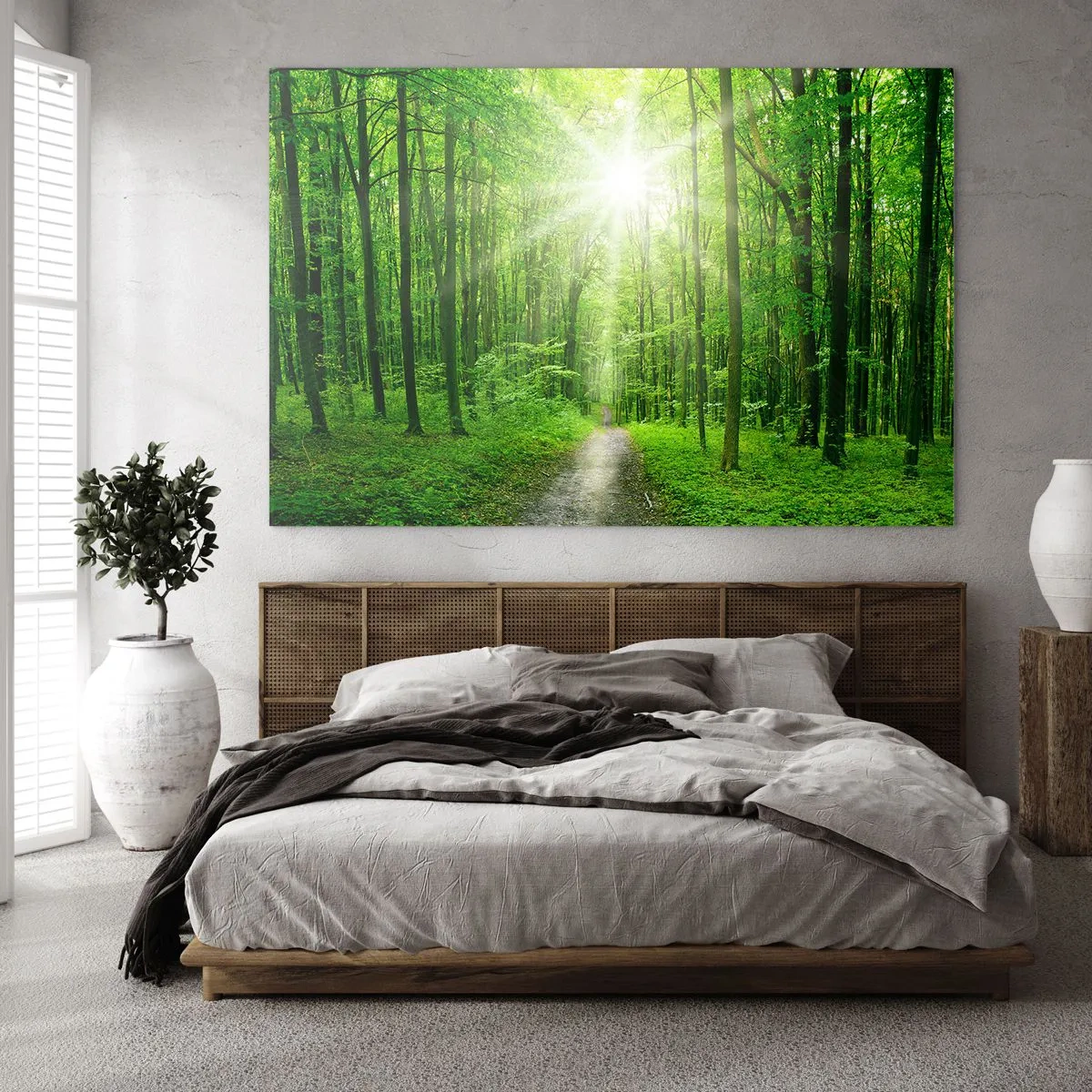 Quadro su vetro - Un sentiero nel bosco illuminato dai raggi del sole - 120x80cm - Cattedrale verde - Decorazione murale moderna per soggiorno e camera da letto ARTTOR