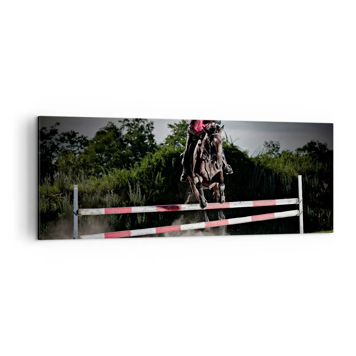 Quadro su tela - Stampe su Tela - Un cavaliere su un cavallo che salta un ostacolo su una pista da corsa - 140x50cm - Insieme fino alla vittoria - Decorazione murale moderna per soggiorno e camera da letto ARTTOR