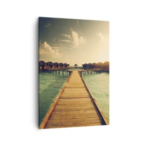 Quadro su tela - Stampe su Tela - Un molo di legno che conduce alle case sull'acqua, illuminate dai raggi del sole. - 50x70cm - Caldo invito - Decorazione murale moderna per soggiorno e camera da letto ARTTOR