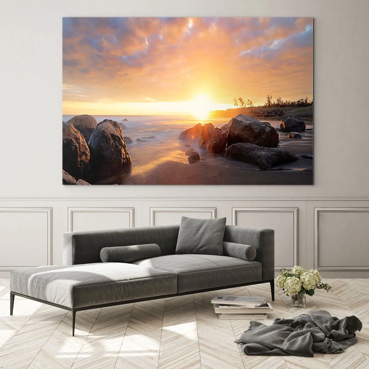 Quadro su vetro - Tramonto sul mare con pietre sulla riva - 120x80cm - La luminosa brezza della sera - Decorazione murale moderna per soggiorno e camera da letto ARTTOR