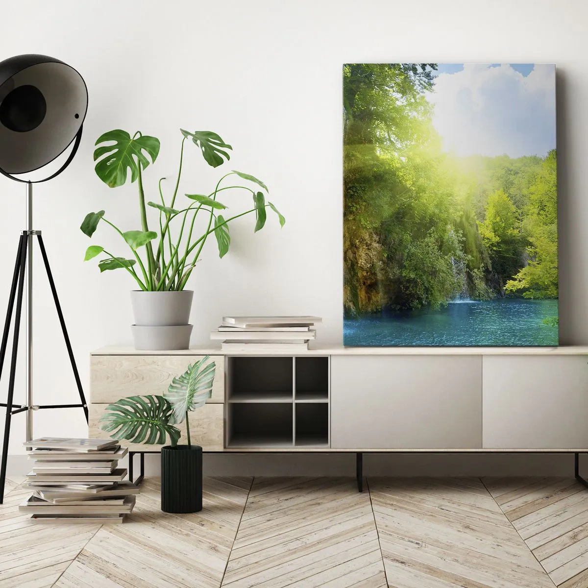 Quadro su tela - Stampe su Tela - Una cascata che sfocia in un lago turchese circondato dal verde - 50x70cm - Così deve essere il paradiso - Decorazione murale moderna per soggiorno e camera da letto ARTTOR