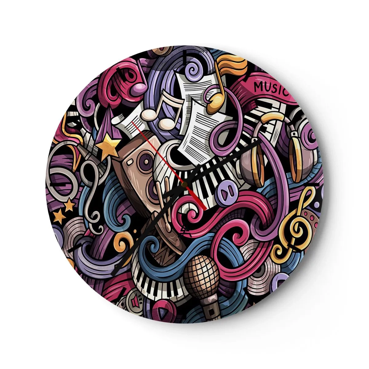 Orologio da parete - Orologio in Vetro - Composizione astratta di motivi e strumenti musicali - 30x30cm - Melodia complicata - Decorazione murale moderna per soggiorno, cucina e camera da letto ARTTOR