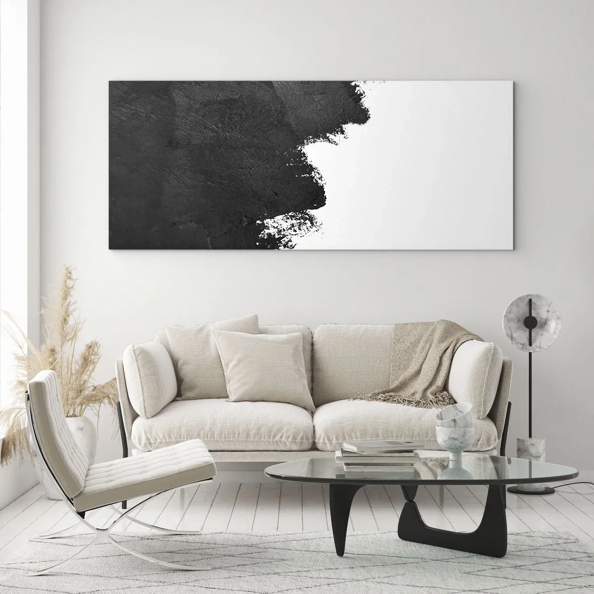 Quadro su vetro - Astrazione in bianco e nero con pennellate contrastanti - 120x50cm - Gli elementi: la terra - Decorazione murale moderna per soggiorno e camera da letto ARTTOR