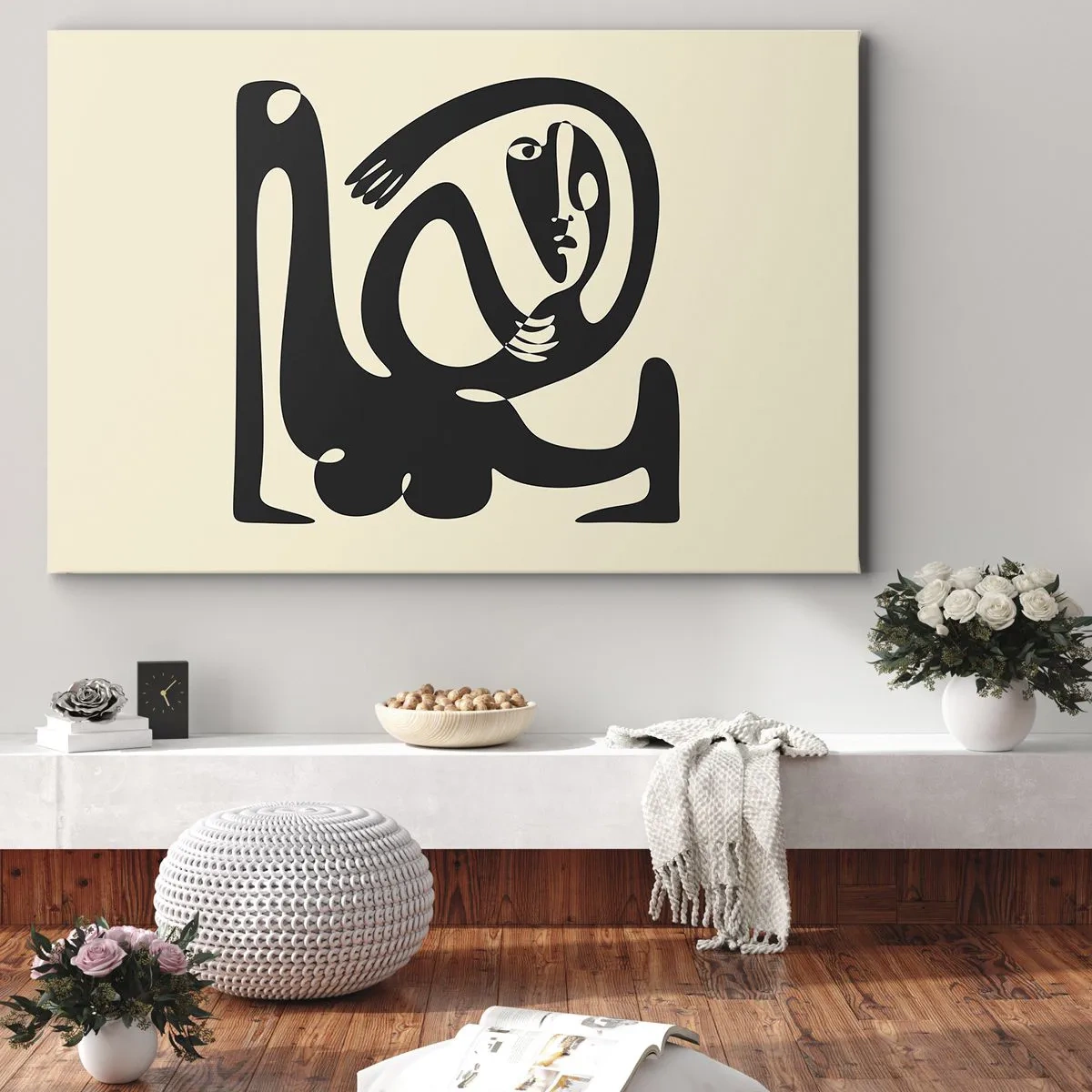 Quadro su tela - Stampe su Tela - Una figura astratta in nero su uno sfondo beige - 120x80cm - Quasi Picasso - Decorazione murale moderna per soggiorno e camera da letto ARTTOR