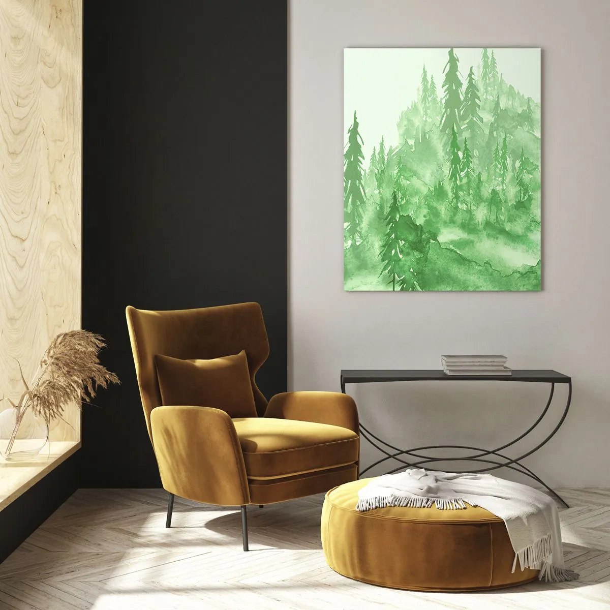 Quadro su vetro - Foresta verde in stile acquerello su sfondo chiaro - 70x100cm - Sfocato da una nebbia verde - Decorazione murale moderna per soggiorno e camera da letto ARTTOR