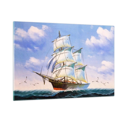 Quadro su vetro - Una nave a vela in alto mare sotto un cielo azzurro - 120x80cm - Con orgoglio nel vento - Decorazione murale moderna per soggiorno e camera da letto ARTTOR