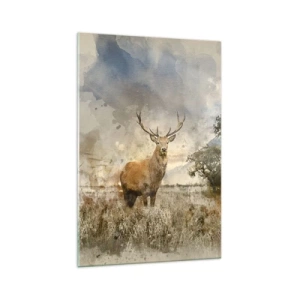 Quadro su vetro - Un cervo in un ambiente naturale in stile acquerello - 70x100cm - Dignità - forza - maestosità - Decorazione murale moderna per soggiorno e camera da letto ARTTOR