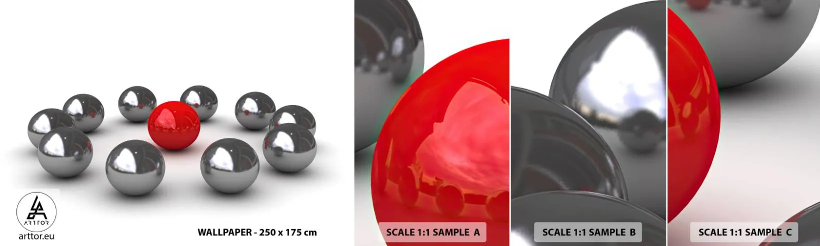 Campione di Fotomurale Adesivo Deluxe Sticker - Cerchio in argento e rosso - Astrazione, 3D, Palle rotonde - 100x30 cm