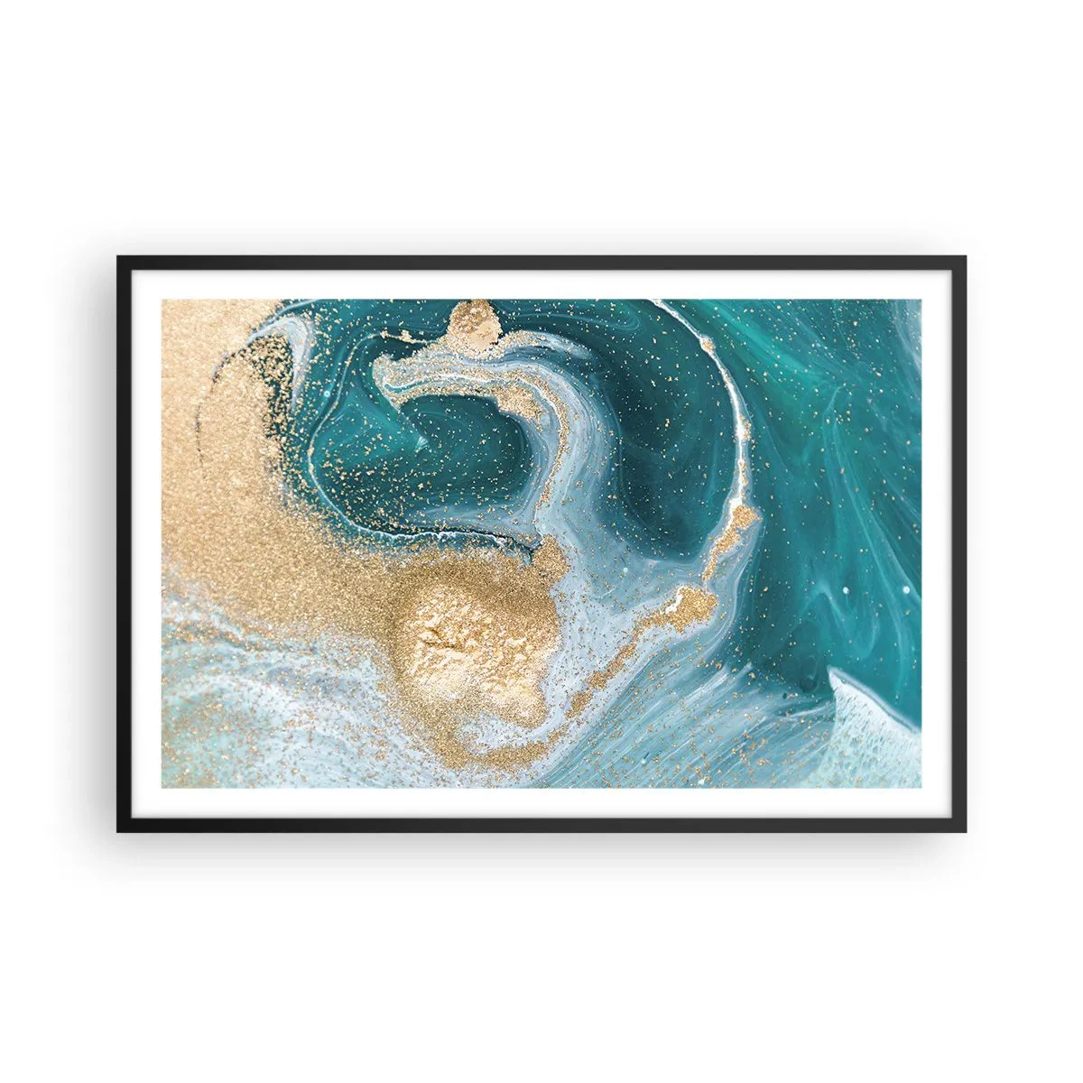 Poster in cornice nera - Vortice di oro e turchese - 91x61 cm