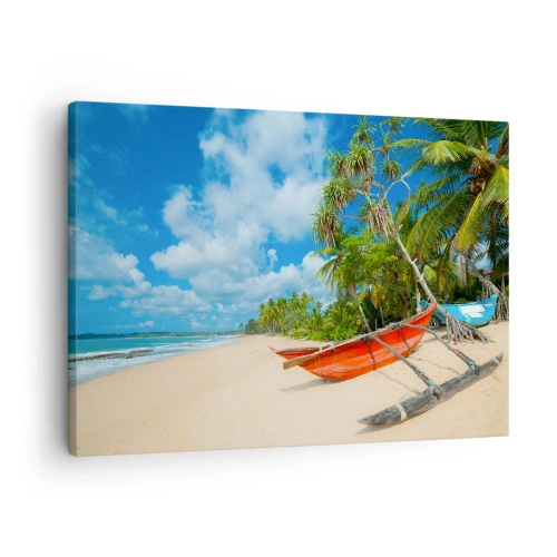 Quadro su tela - Stampe su Tela - Spiaggia tropicale con palme e barche colorate - 70x50cm - La bellezza dei tropici - Decorazione murale moderna per soggiorno e camera da letto ARTTOR