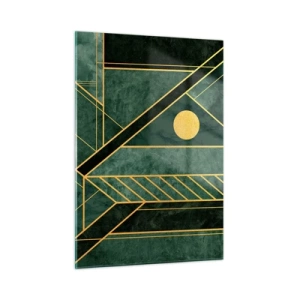 Quadro su vetro - Astrazione geometrica verde e oro in stile Art Déco - 50x70cm - Dinamica di oro e azzurro - Decorazione murale moderna per soggiorno e camera da letto ARTTOR