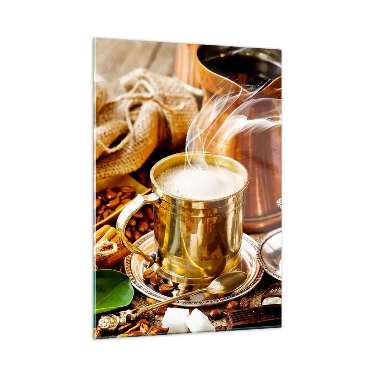 Quadro su vetro - Una tazza dorata di caffè con latte circondata da chicchi e croissant - 50x70cm - Buona giornata! - Decorazione murale moderna per soggiorno e camera da letto ARTTOR