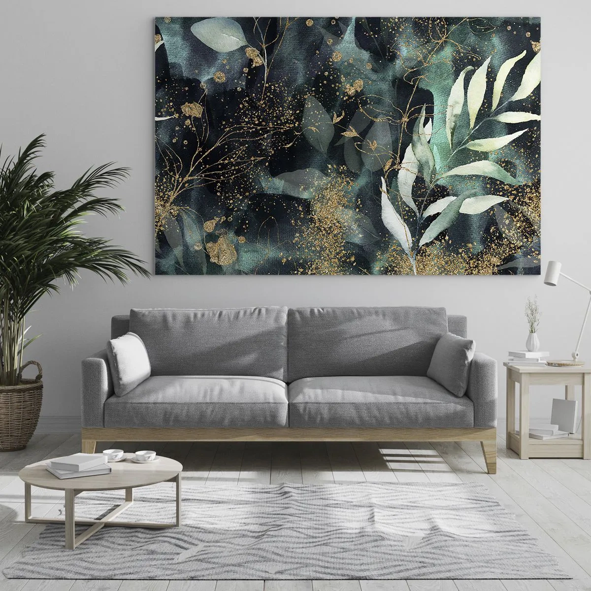 Quadro su vetro - Foglie dorate e verdi su sfondo scuro - 70x50cm - Il giardino incantato - Decorazione murale moderna per soggiorno e camera da letto ARTTOR