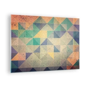 Quadro su vetro - Mosaico colorato con triangoli geometrici in stile retrò - 70x50cm - La repubblica dei triangoli - Decorazione murale moderna per soggiorno e camera da letto ARTTOR