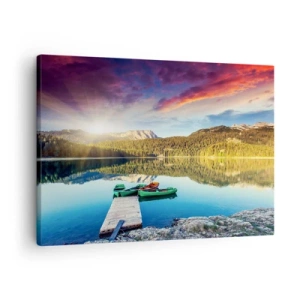 Quadro su tela - Stampe su Tela - Tramonto sul lago con barche al molo - 70x50cm - Sull'acqua liscia come uno specchio - Decorazione murale moderna per soggiorno e camera da letto ARTTOR
