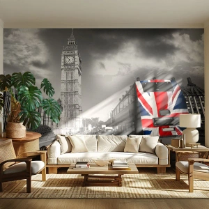 Fotomurali Premium Canvas - Il Big Ben e un autobus con una bandiera britannica su uno sfondo bianco e nero - 100x70cm - Orgogliosa e grande - Decorazione murale moderna per soggiorno e camera da letto ARTTOR