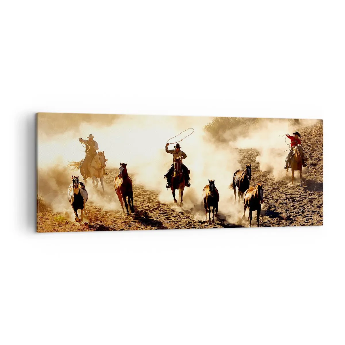 Quadro su tela - Stampe su Tela - Cowboy a cavallo in azione nel terreno desertico - 140x50cm - Il vero Far West - Decorazione murale moderna per soggiorno e camera da letto ARTTOR