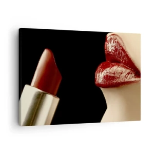 Quadro su tela - Stampe su Tela - Labbra rosse e rossetto su sfondo nero - 70x50cm - Sensualità e splendore del carminio - Decorazione murale moderna per soggiorno e camera da letto ARTTOR