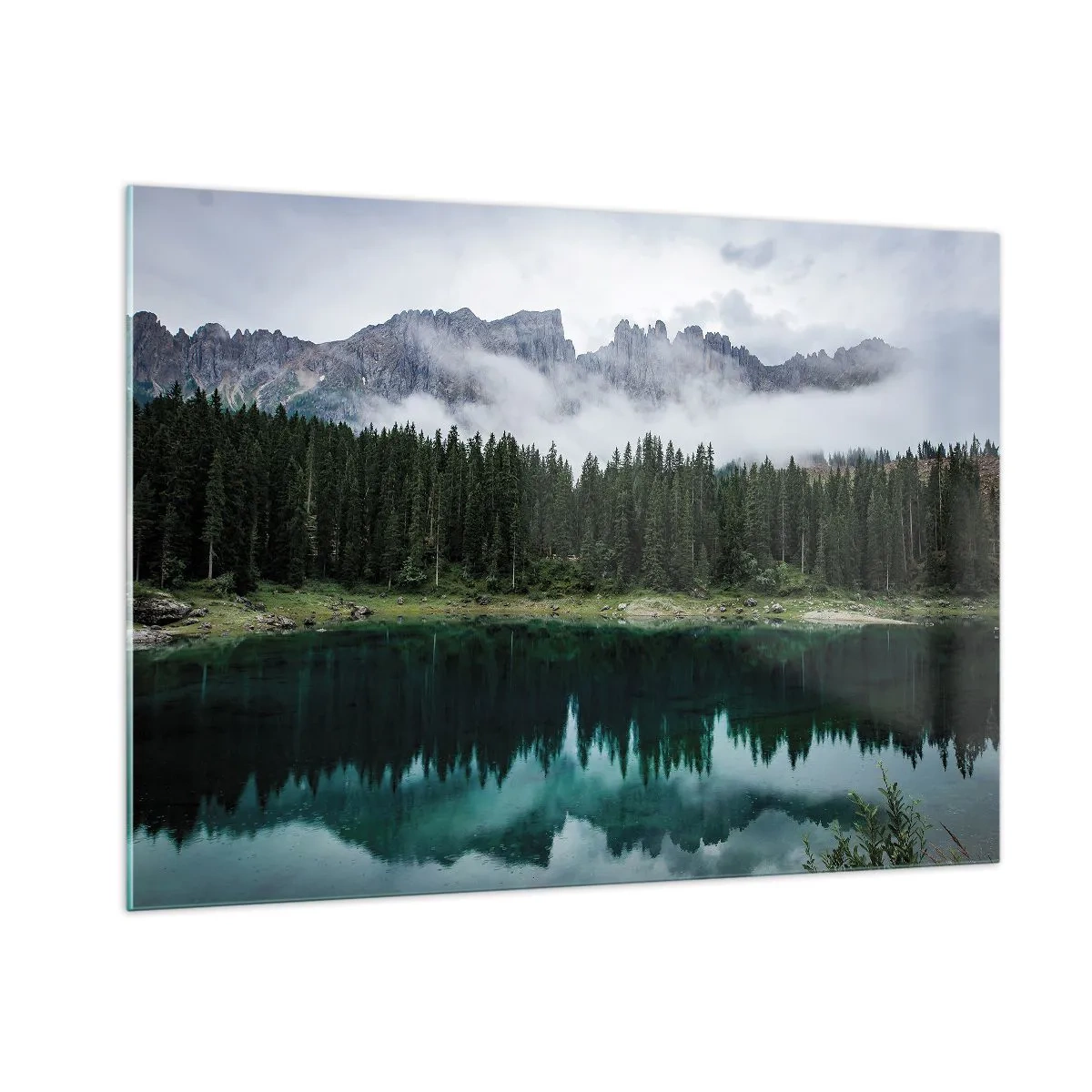 Quadro su vetro - Paesaggio montano con lago e foresta riflessi nell'acqua - 100x70cm - Silenzio, non svegliamo l'acqua che dorme... - Decorazione murale moderna per soggiorno e camera da letto ARTTOR