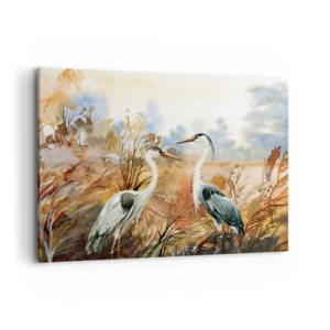 Quadro su tela - Stampe su Tela - Due aironi sullo sfondo di un paesaggio autunnale - 100x70cm - Dove in autunno? - Decorazione murale moderna per soggiorno e camera da letto ARTTOR