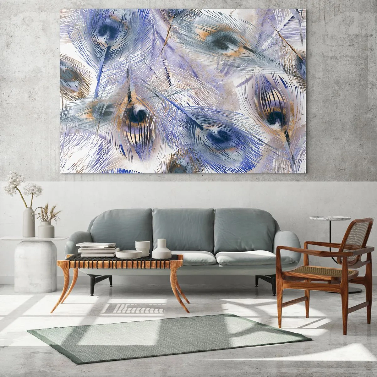 Quadro su vetro - Delicate piume di pavone nelle tonalità del blu e del marrone - 100x70cm - Composizione a occhio di pavone - Decorazione murale moderna per soggiorno e camera da letto ARTTOR
