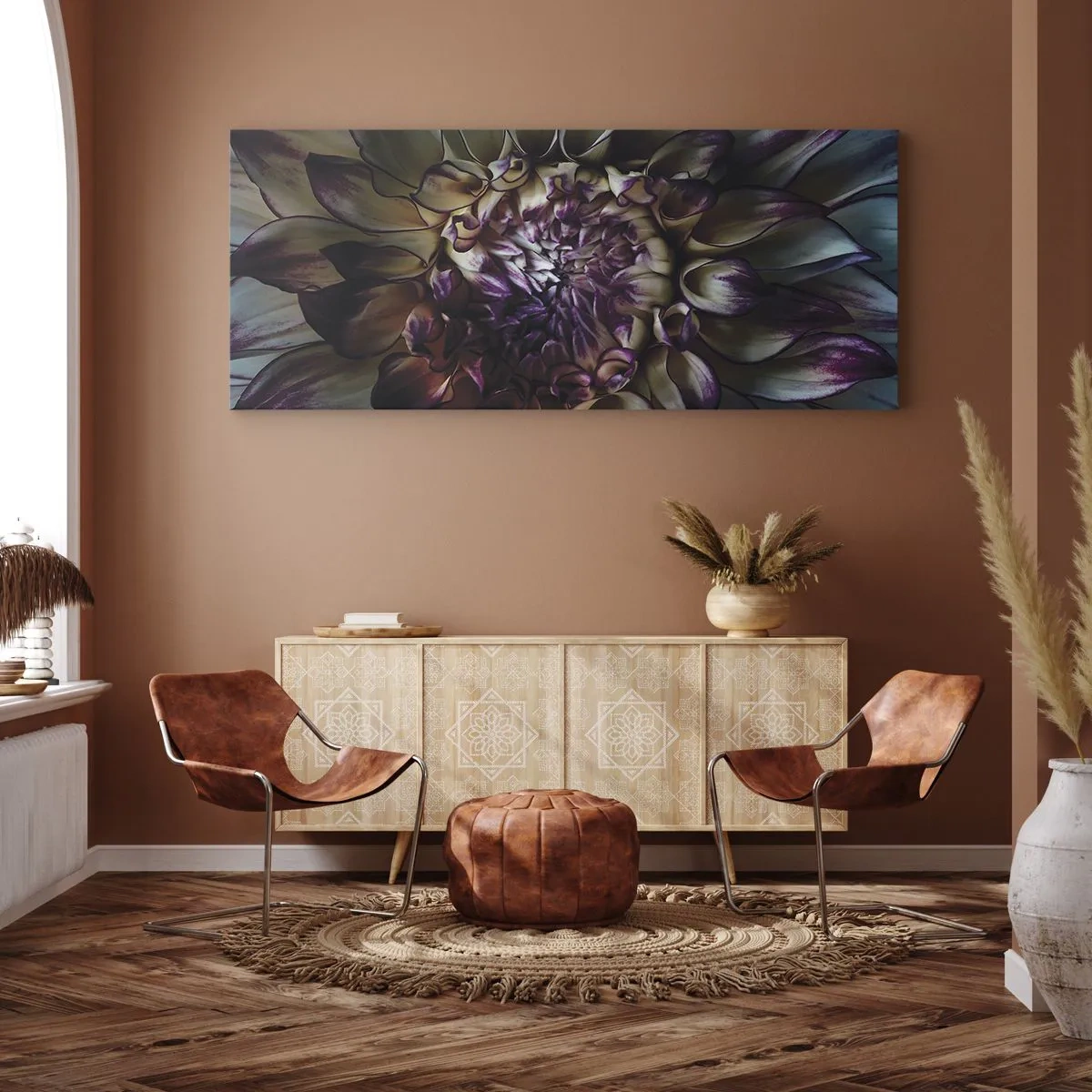 Quadro su tela - Stampe su Tela - Primo piano di un fiore di dalia in toni scuri - 160x50cm - Il rigoglio della giovinezza - Decorazione murale moderna per soggiorno e camera da letto ARTTOR