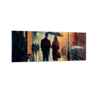 Quadro su vetro - Camminare sotto la pioggia sotto un ombrello in città di notte - 140x50cm - Love story cittadina - Decorazione murale moderna per soggiorno e camera da letto ARTTOR