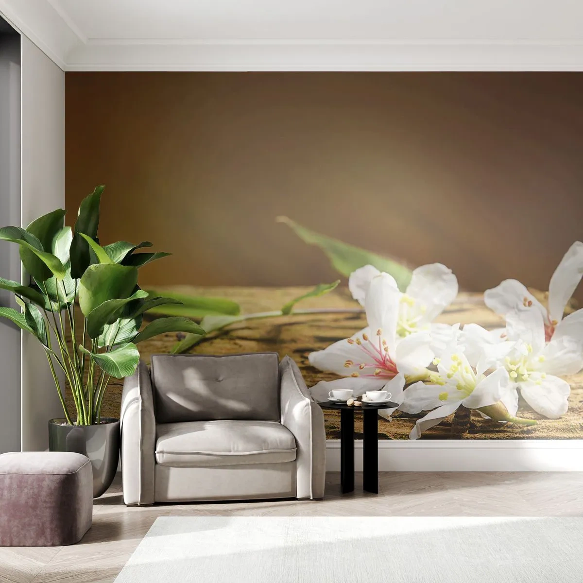 Fotomurali Premium Sand - Fiori bianchi su una superficie di legno - 100x70cm - Promessa innocente - Decorazione murale moderna per soggiorno e camera da letto ARTTOR