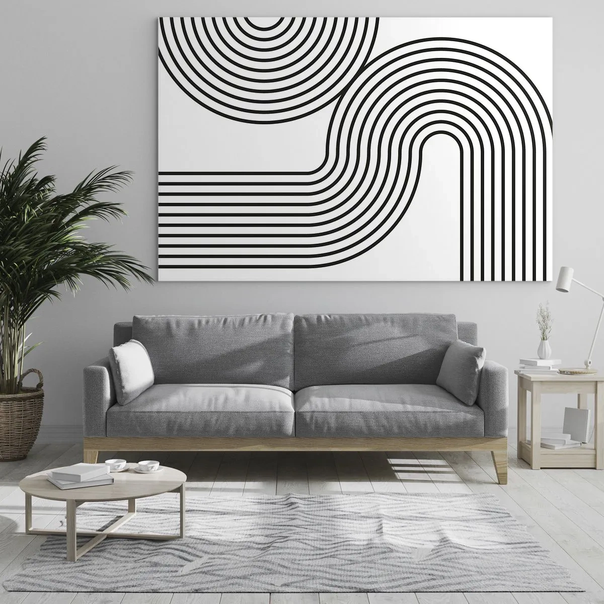 Quadro su vetro - Grafica in bianco e nero con linee parallele curve - 100x70cm - In curva - Decorazione murale moderna per soggiorno e camera da letto ARTTOR