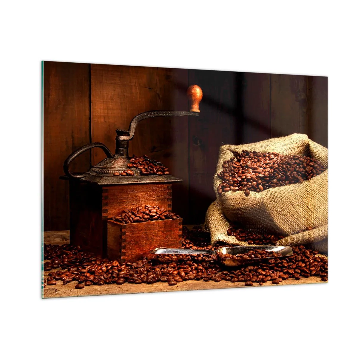 Quadro su vetro - Un vecchio macinacaffè con chicchi e un sacchetto di caffè - 100x70cm - Natura morta con chicchi di caffè e macinino - Decorazione murale moderna per soggiorno e camera da letto ARTTOR